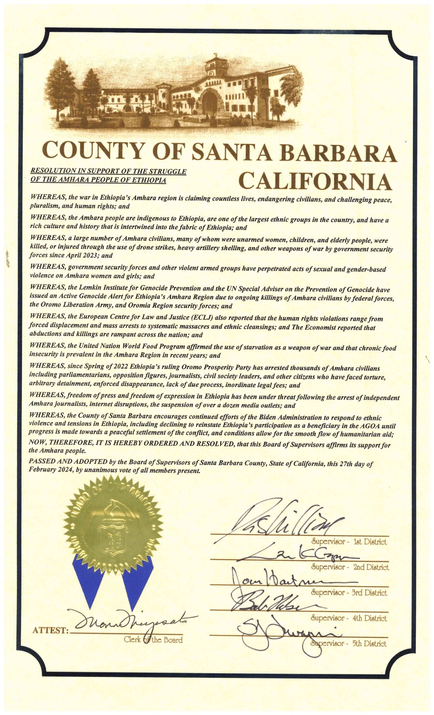 AAA Welcomes the Passing of a New Resolution by Santa Barbara County in Support of the Struggle of the Amhara People of Ethiopia