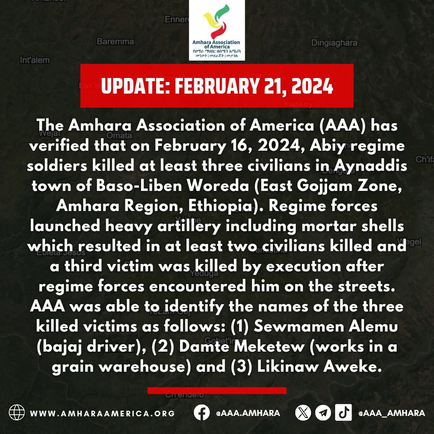 Abiy Regime Soldiers Killed Three Civilians in Aynaddis Town of Baso-Liben Woreda