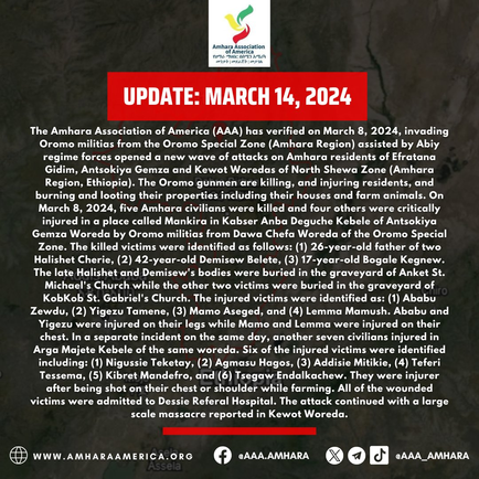 Oromo militias, backed by Abiy regime forces, launch fresh attacks on Amhara Residents of Efratana Gidim, Antsokiya Gemza, and Kewot Woredas