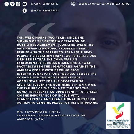 AAA Chairman Tewodrose Tirfe’s Message on the 2nd Anniversary of the Pretoria Cessation of Hostilities Agreement