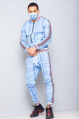 Men's Designer Checkered Tracksuit Set - Matching Jogger Pants & Zip Jacket (2-Piece)