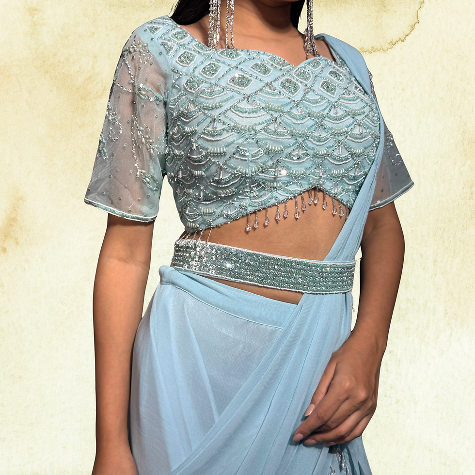 Thumbnail: blue drape saree ABHIASHU blouse