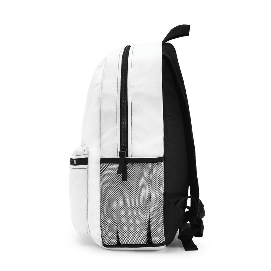White backpack with black accents, side view showing mesh pocket and zippers.