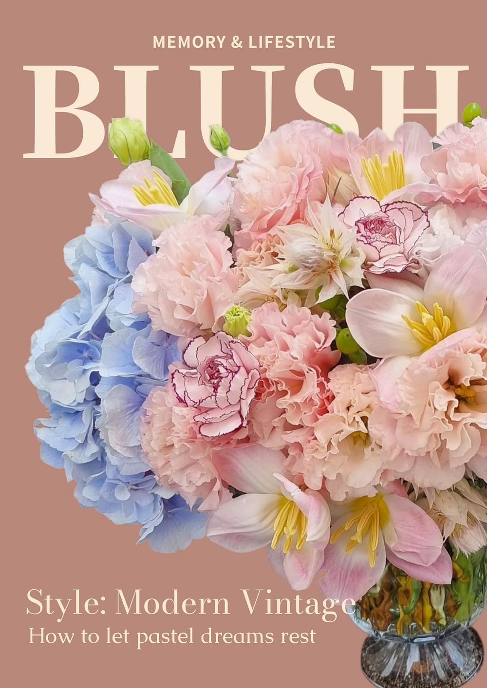 BLUSH magazine cover with creative floral arrangements pastel soft cushy light flowers by Singapore florist