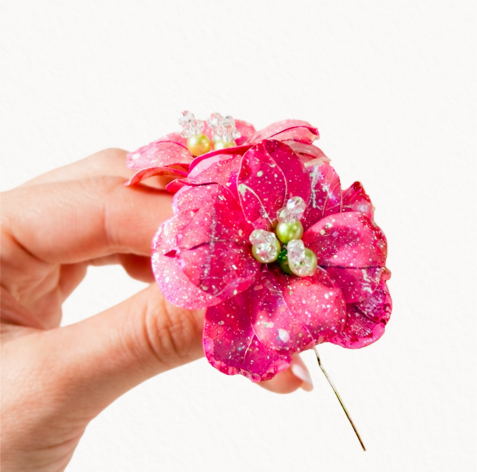 Tembleques personalizados de flores rosadas con brillo.