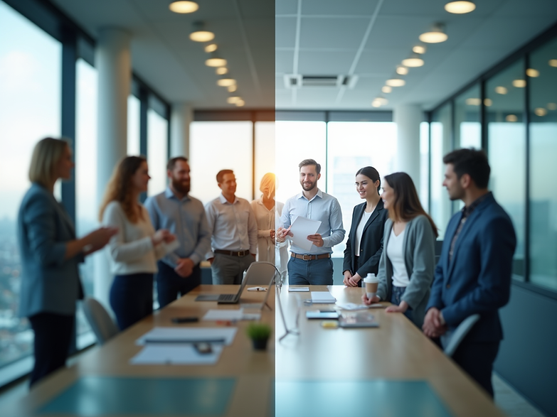 A split image showing a diverse group of professionals collaborating in a modern office on