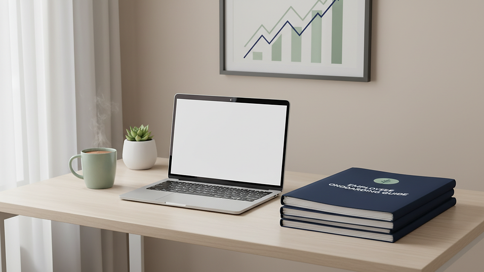Eye-level view of a small office workspace with a laptop and HR documents
