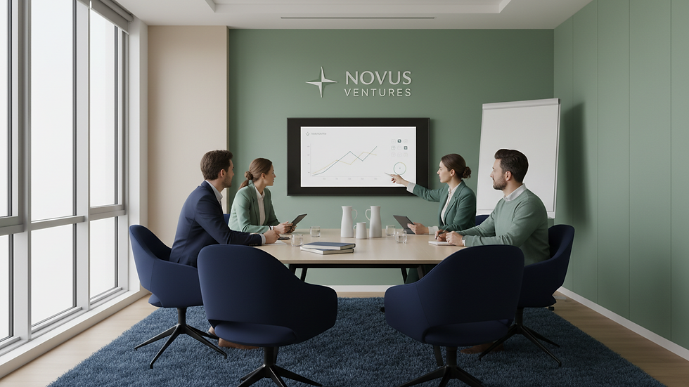 Eye-level view of a modern office meeting room with diverse team discussing