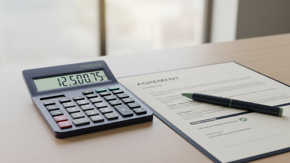 Close-up view of a calculator and contract on a desk