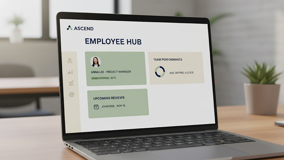 Close-up view of a laptop screen showing HR software dashboard with employee data