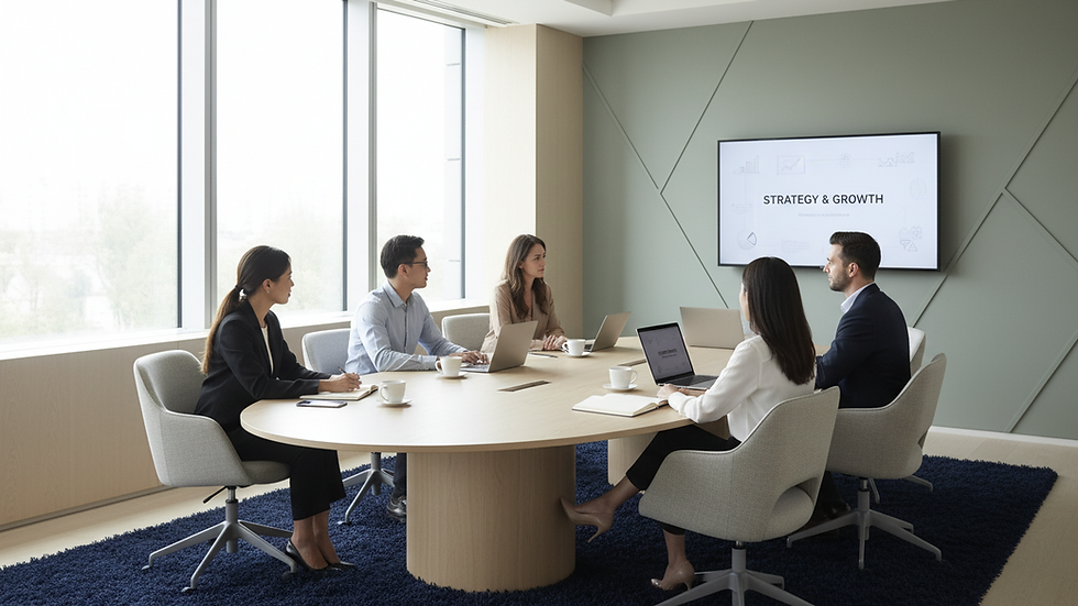 Eye-level view of a modern office meeting room with diverse team members around a table