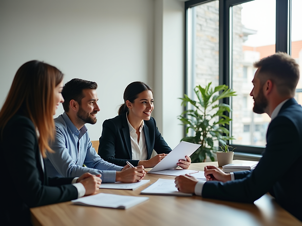 A professional consultant in a modern office setting discussing strategy with small busine