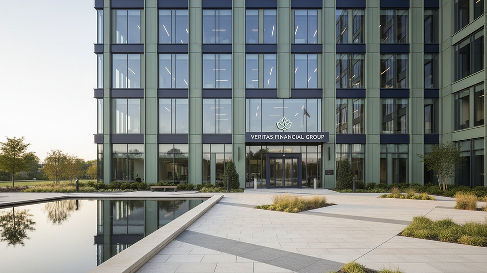 Eye-level view of a modern office building in Northern Virginia