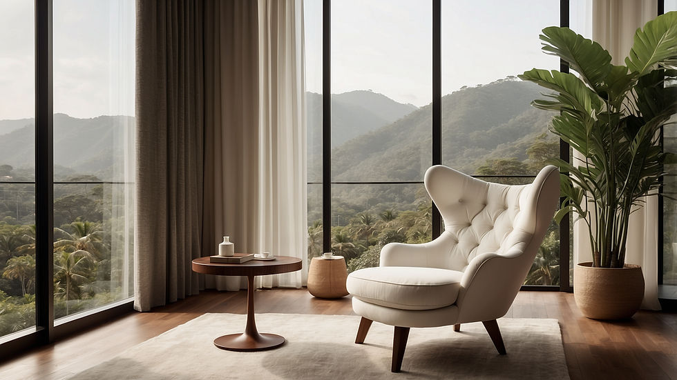 Uma linda poltrona branca em frente a um aparador decorativo