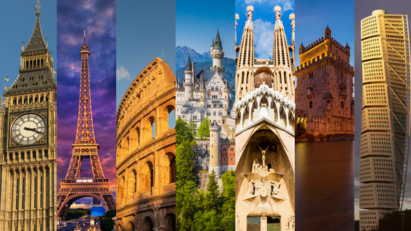 Big Ben, Torre Eiffel, Coliseu, Castelo Neuschwanstein, Basílica Sagrada Família, Torre de Belém e Turning Torso