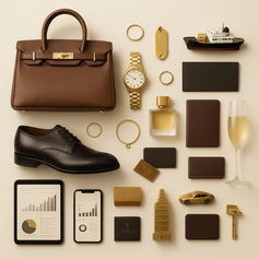 Montagem com produtos que representam o Mercado de Luxo.