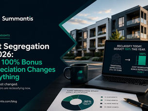 Banner publicitario con laptop, taza y gráficos frente a un edificio; texto sobre segregación de costos 2026 y 100% deducción.