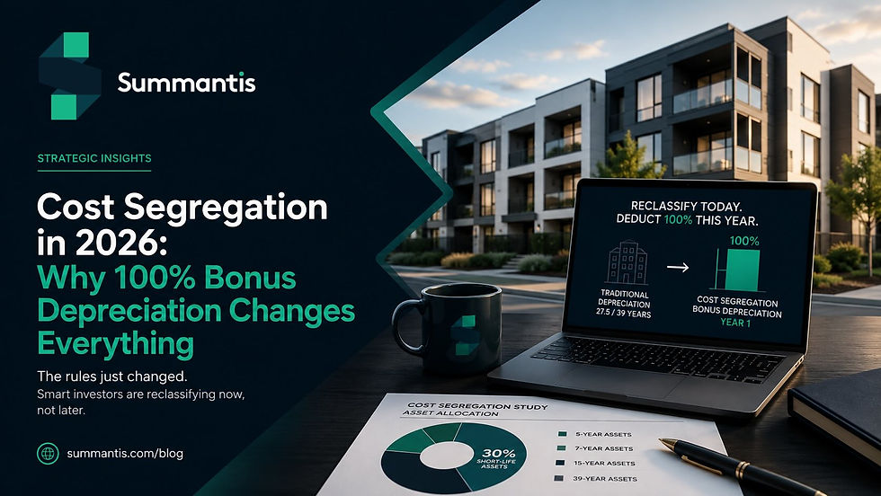 Banner publicitario con laptop, taza y gráficos frente a un edificio; texto sobre segregación de costos 2026 y 100% deducción.
