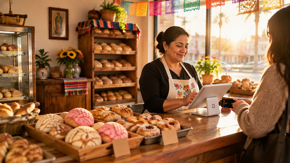 Smiling bakery clerk in apron rings up a customer at a tablet register, surrounded by colorful breads in a sunlit shop.