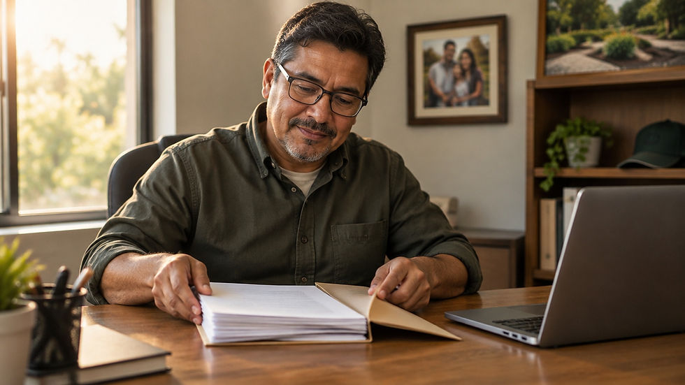 Middle-aged man in glasses reviews a thick document at a desk beside a laptop in a warm home office with framed photos.