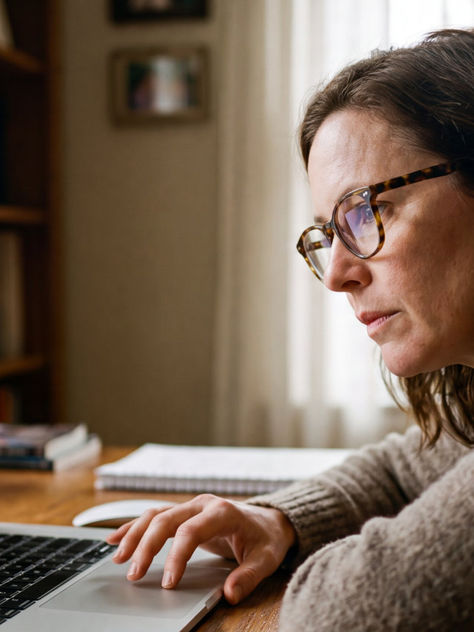 Woman with glasses checks a laptop showing board certified plastic surgeons credentials verification in a sunlit home office