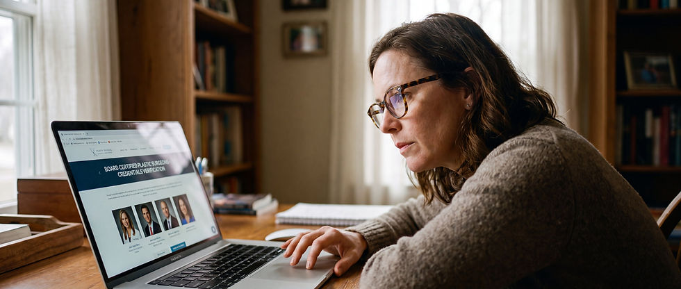 Woman with glasses checks a laptop showing board certified plastic surgeons credentials verification in a sunlit home office