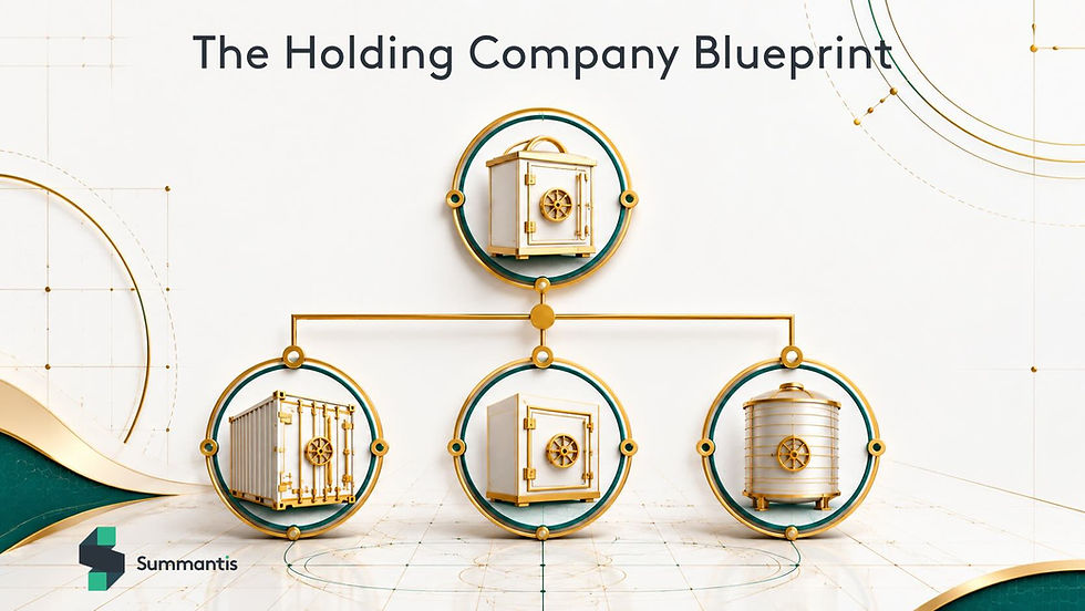 The Holding Company Blueprint diagram with gold safes linked in a hierarchy on a white background; Summantis logo at bottom left.