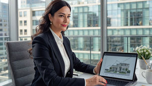 Businesswoman in a black suit works on a laptop showing a house image with a graph. She's in a modern office with large windows.