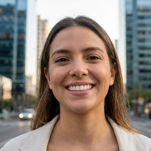 Mujer sonriente en primer plano, en una calle de ciudad con edificios de cristal al fondo durante el día. Sensación de felicidad y tranquilidad.