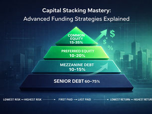 Pyramid chart titled Capital Stacking Mastery: Advanced Funding, showing tiers of equity and debt. Background features a city skyline.