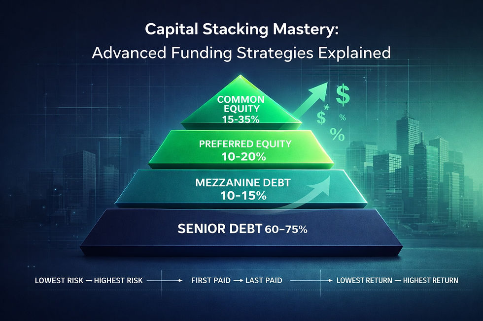 Pyramid chart titled Capital Stacking Mastery: Advanced Funding, showing tiers of equity and debt. Background features a city skyline.