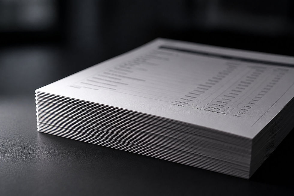 A neatly squared stack of financial statements on a dark desk, edges catching a bright directional light.