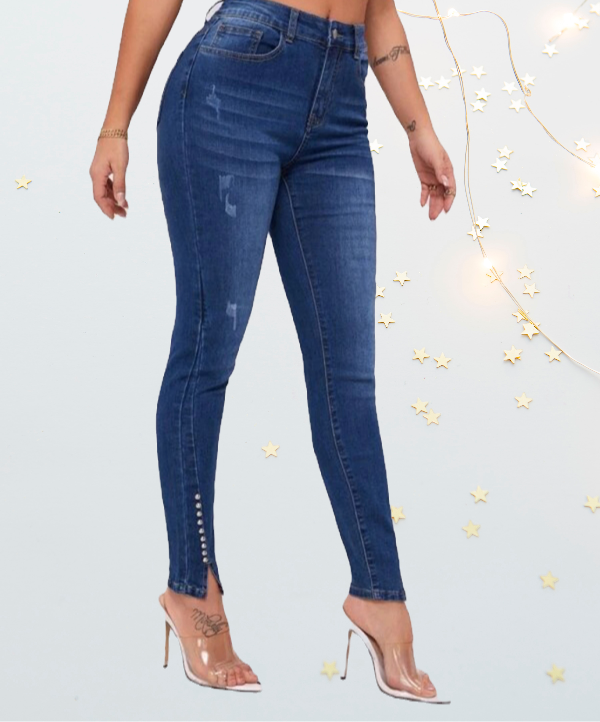 Thumbnail: Made with a blend of 30% Polyester and 70% Cotton, these Women's Slit Bead Trim High Waist Jeans have a unique self-design pa