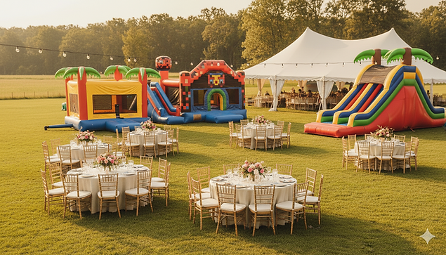 Elegant outdoor backyard party tent rental with tables chairs and kids entertainment bounce houses in Southern Idaho - 208 Party Time full-service event rentals Magic Valley, Hazelton, ID