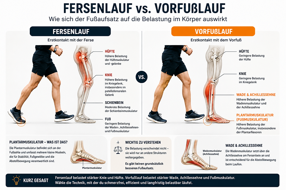 Infografik: Fersenlauf vs. Vorfußlauf mit Laufende und Bein-Illustrationen, zeigt Belastung von Hüfte, Knie, Wade und Fuß.