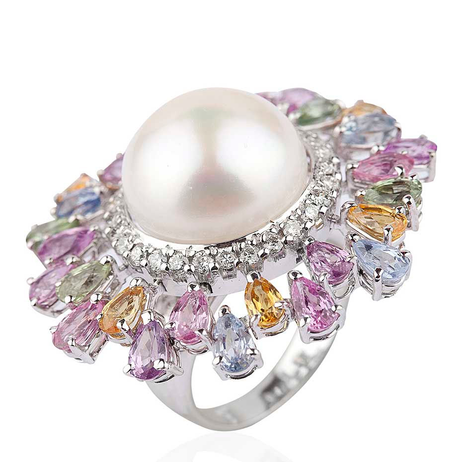 WHITE GOLD RING MULTI-COLOURED SAPHIRES-DIAMONDS-PERLES