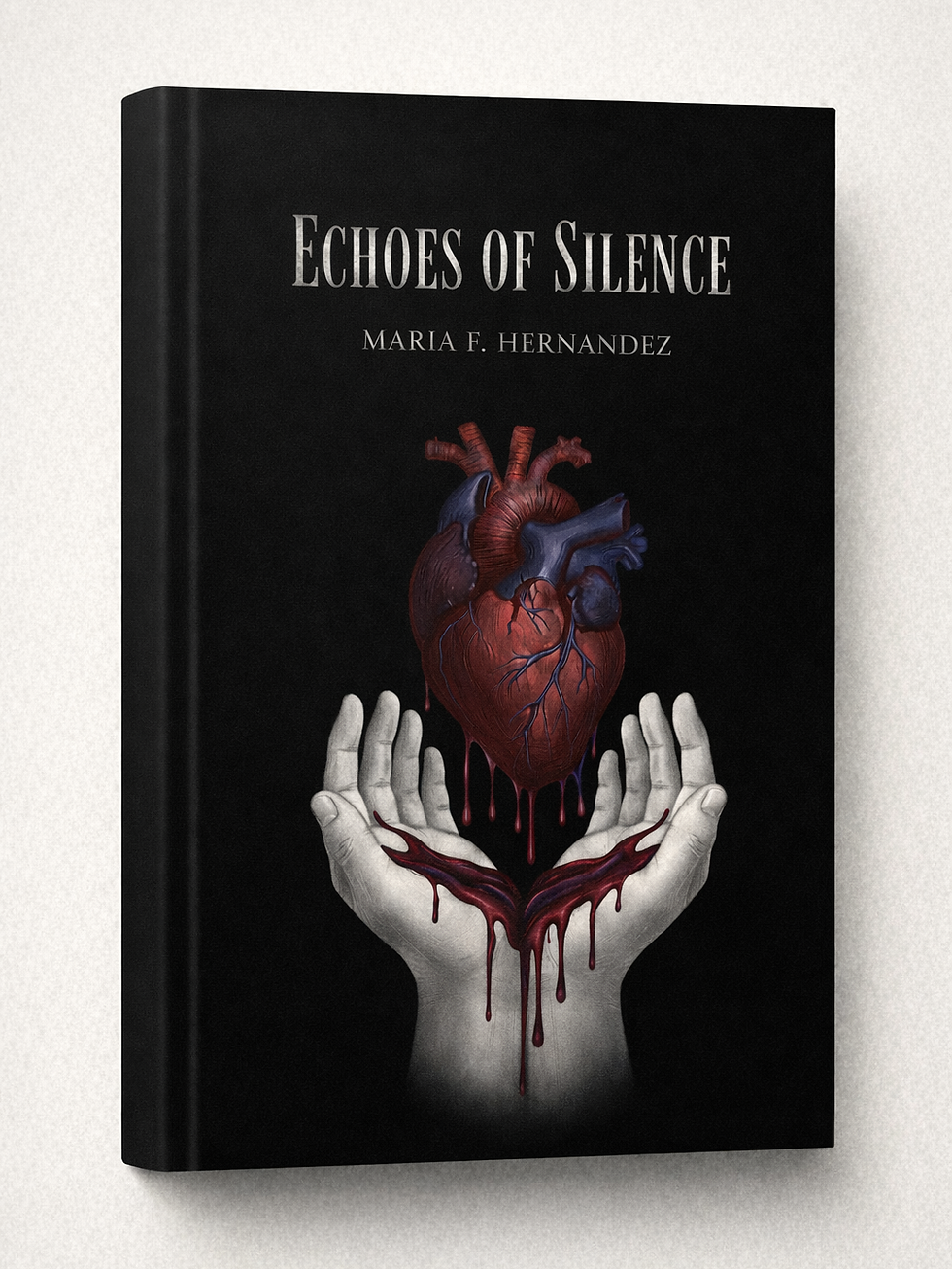 Hardcover book mockup of 'Echoes of Silence' on light background, dominant black and red colors, portrait, centered book