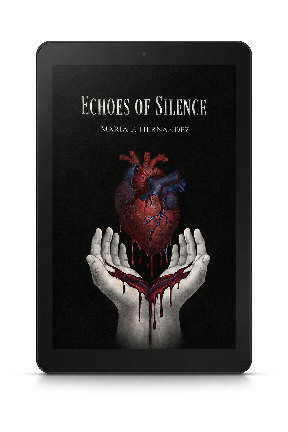 Tablet mockup showing 'Echoes of Silence' ebook cover, dominant black and red colors, portrait, centered tablet