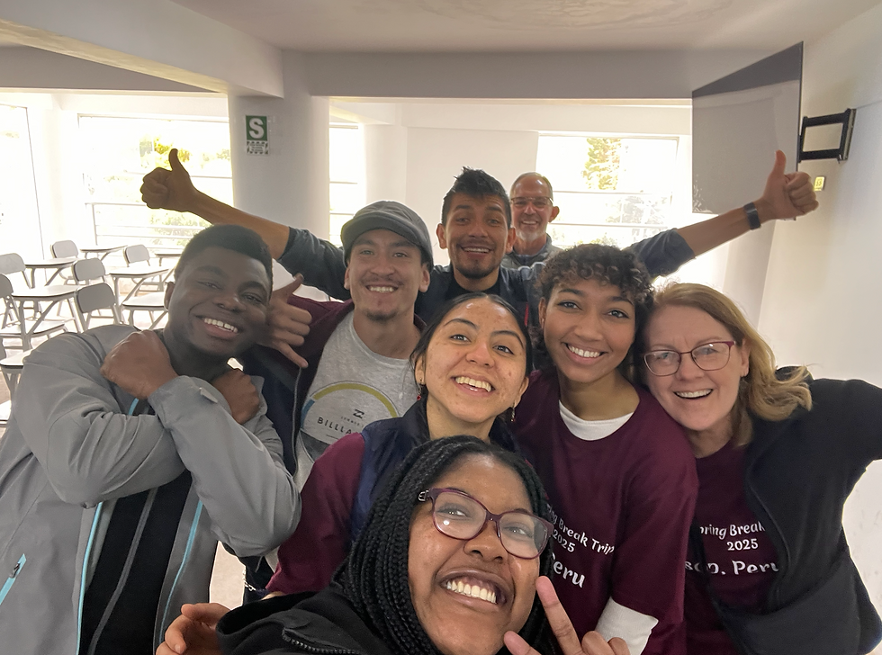 On March 11th, 4 Boston University students helped lead a cultural exchange for students at the Private Institute of Higher Pedagogical Education - Arco Iris in Cusco, Peru. Jeremiah, a local Red U team member, is shown putting two thumbs up.
