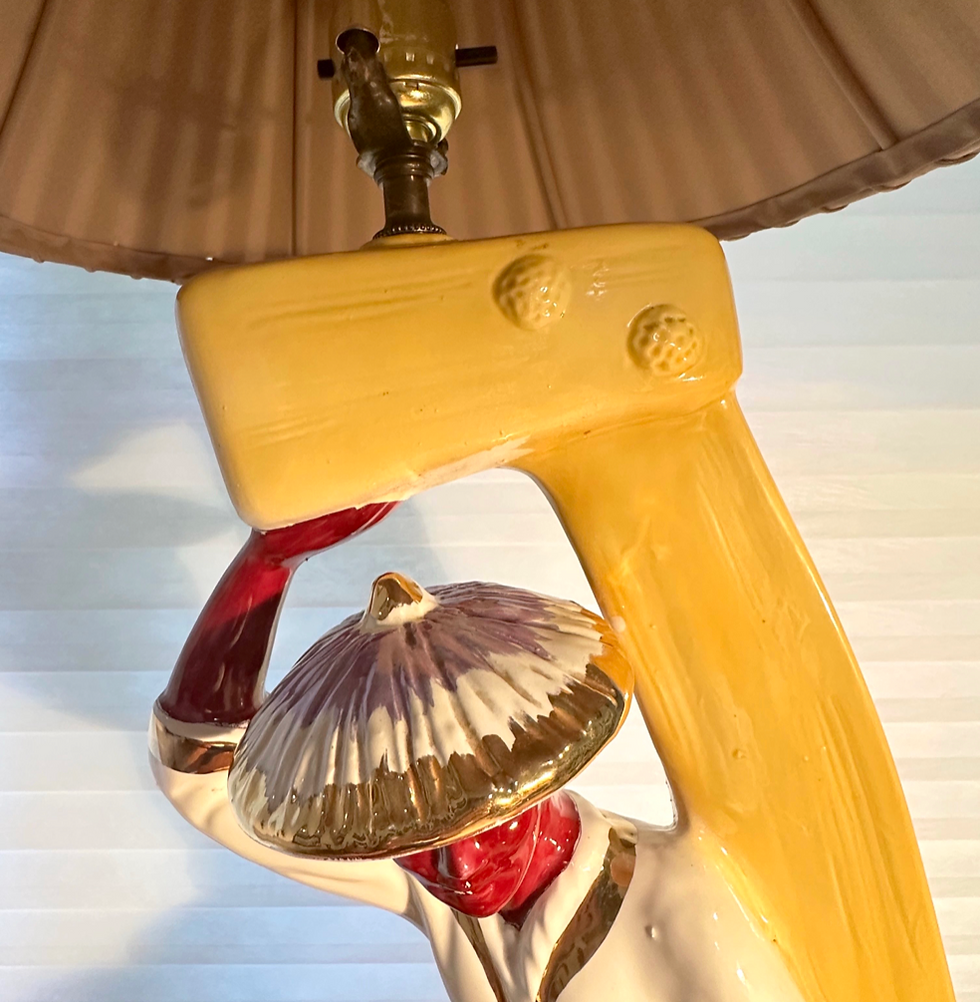 Thumbnail: Vintage MCM Chinoiserie Ceramic Figural Lamp with Bamboo Lampshade