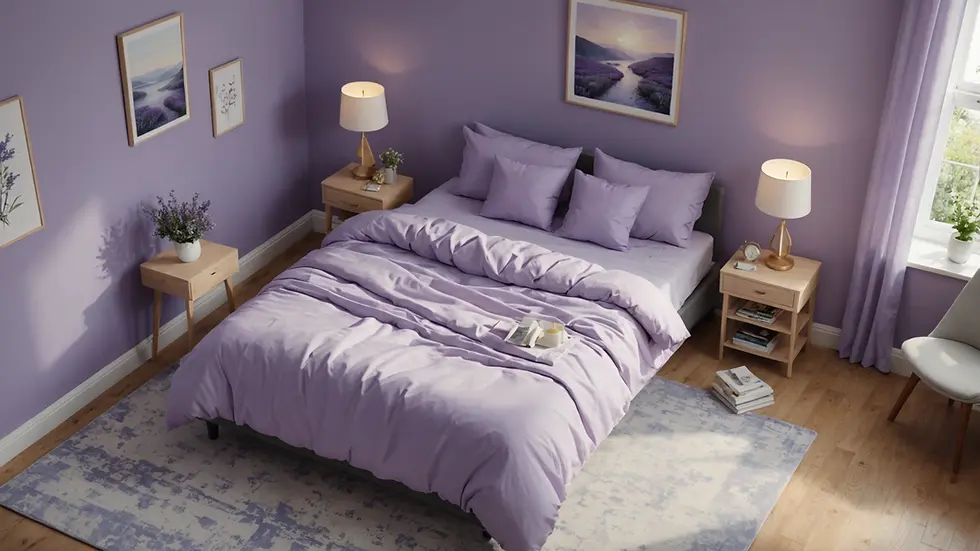 High angle view of a tranquil bedroom painted in lavender
