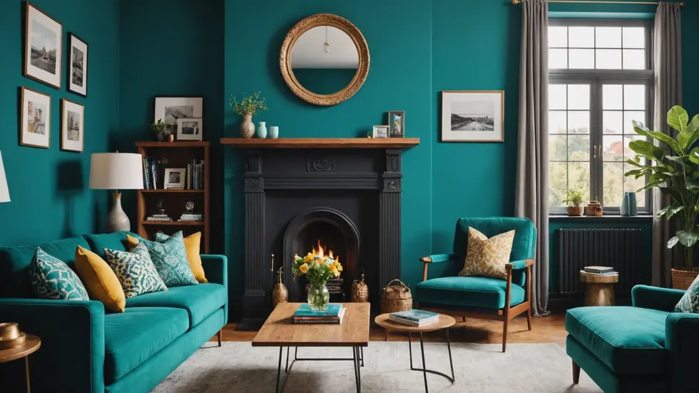 Close-up of a living room with bold teal walls
