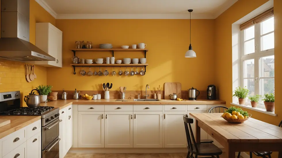 Eye-level view of a cozy kitchen featuring mustard yellow walls
