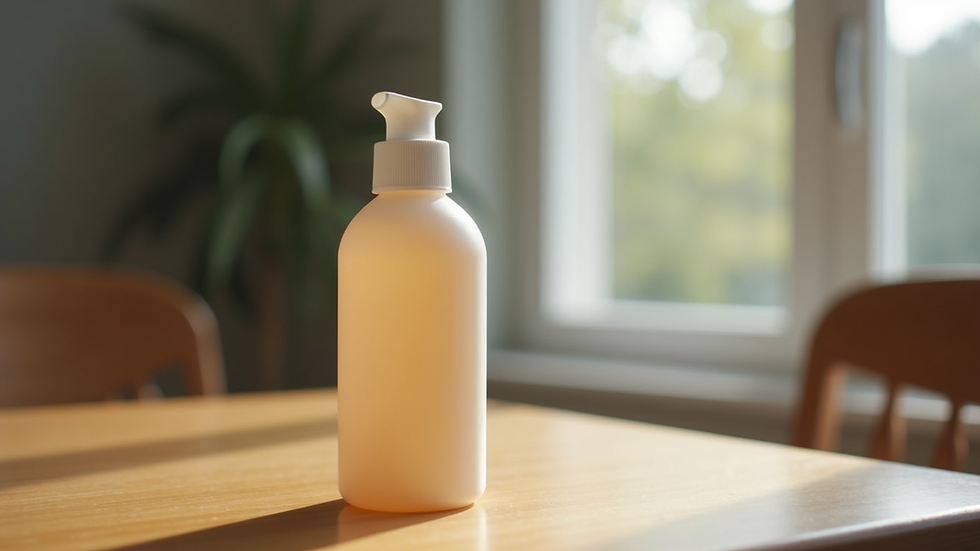Close-up view of a bottle of hair adhesive remover on a wooden table