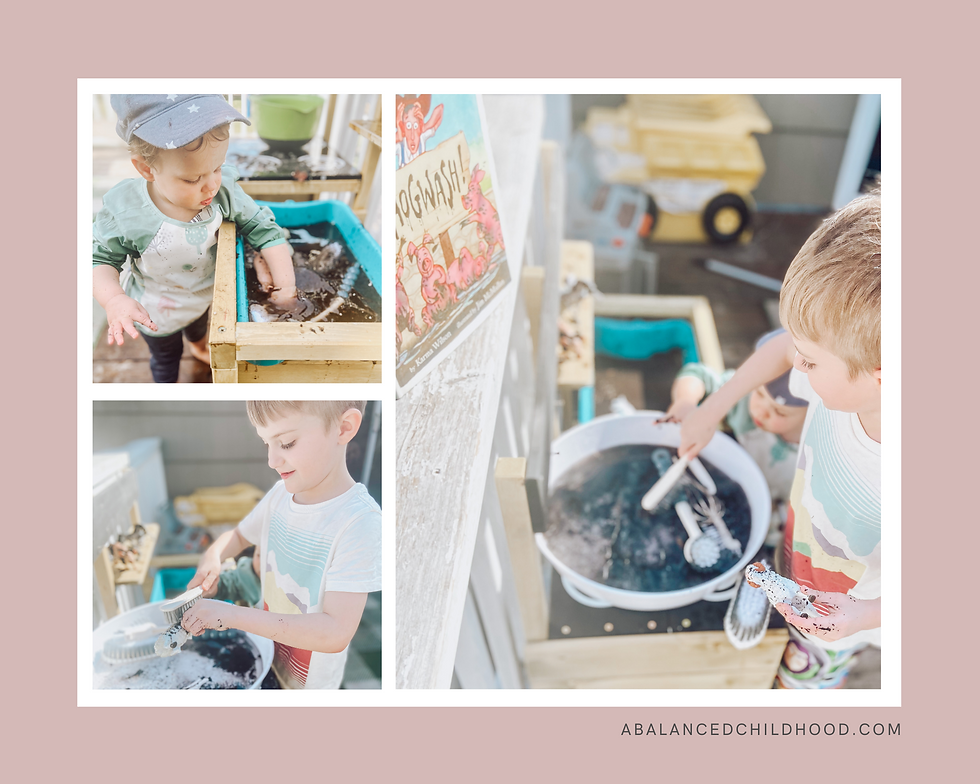Sensory play in the Mud kitchen. Washing muddy farm animals after reading the book Hogwash.