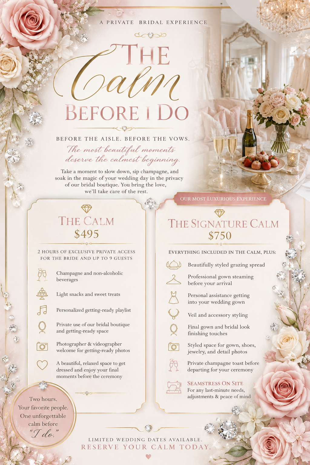 Calm Before I Do bridal experience package details with pricing.