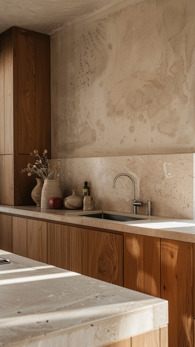 Rustikální kuchyně s dřevěnými skříňkami, kamennou pracovní deskou. Vázy s květinami, červené jablko a olivový olej vedle dřezu. Klidná atmosféra.