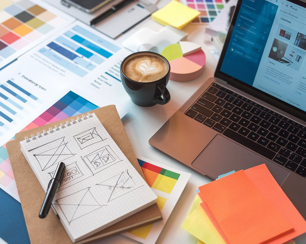 a desk with a laptop, cup of coffee, scattered with papers and notepads