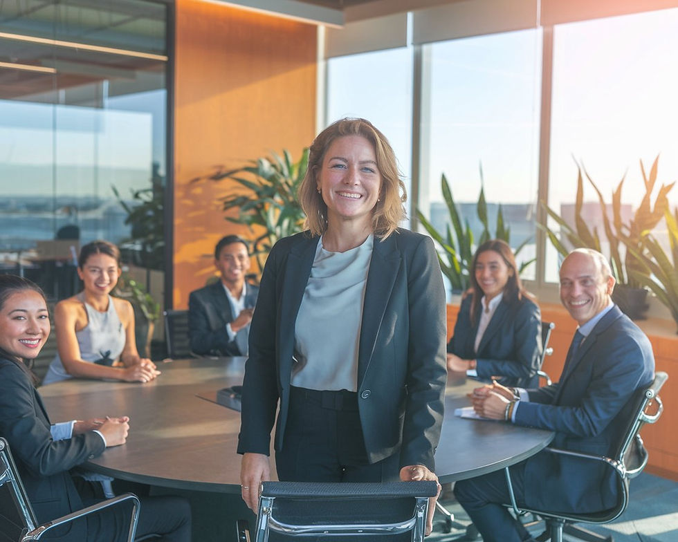 A happy business owner surrounded by her team at a round table. She's happy.