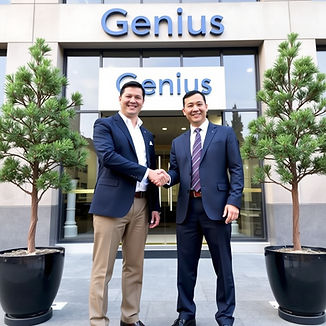 create an image of two guys standing outside of genius global headquarters highrise buildi